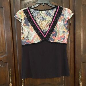 HANKY PANKY mixed media top soft black knit bottom stretch floral lace t…